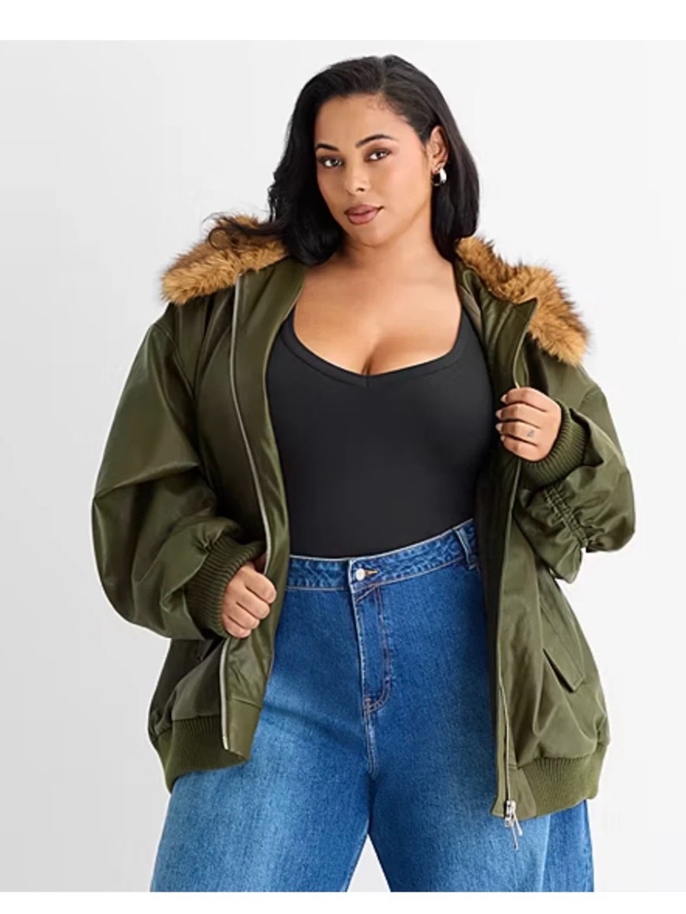Ashley Graham Olive Faux Leather Bomber with Faux-Fur Hood